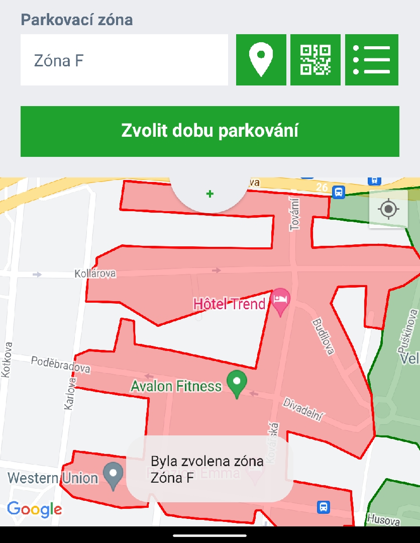 Špatná mapa zón v aplikaci park Simply 